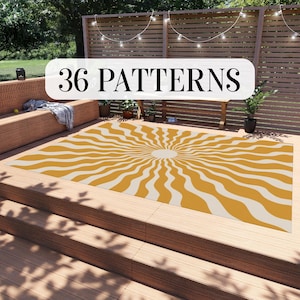 Outdoor Rug - Boho Gold Sunny - Boho Rug - Sun Pattern Rug - Waterproof Rug - Non Slip Rug - Chenille Rug - Fade Resistant- UV Resistant