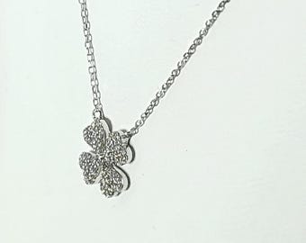18K White Gold Clover Diamond Pendant Necklace – 0.09 Ct Diamond, 16”