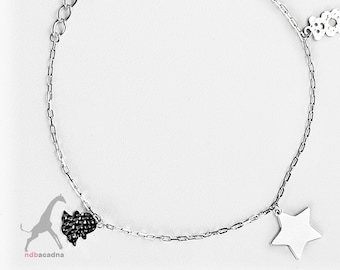 20B- Bracelet Platinum950- Charms Star 7 mm-Pine Tree- Bear- Heart Style Cable Bracelet- Lenght Adjustable up to 7.5 inches-Thickness 1.1mm
