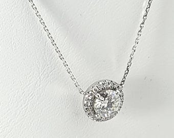 18K White Gold Pendant Necklace with Moissanite & Diamond Halo – 18”