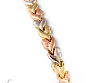 B2123 - Tri-Color Heart Braids Bracelet -14 Karat Gold