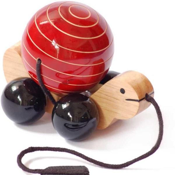 Cute Turtle Wooden Pull Toy (Organic Handmade) with Rotating Ball 18 months - 4 years