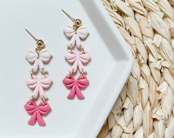 Bow Clay Earrings, Pink Bow Earrings, Clay Earrings, Polymer Clay Earrings, Lightweight Earrings, Hypoallergenic,