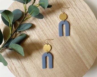 Blue Polymer Clay Arch Earrings: Lightweight Brass Accents