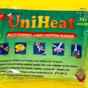 May include: Green and yellow UniHeat multi-purpose jumbo shipping warmer with a 72+ hours heat duration. The warmer is designed for reliable and steady heat release for 72 hours. It is simple to use and delivers optimal results with a colour indicator on the warmer. It is excellent for shipping live insects, reptiles, tropical fish, flowers, etc. It provides an average warmer surface temperature of 110&deg; F (38&deg; C).