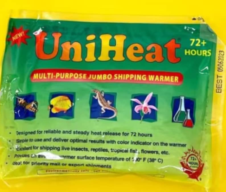 May include: Green and yellow UniHeat multi-purpose jumbo shipping warmer with a 72+ hours heat duration. The warmer is designed for reliable and steady heat release for 72 hours. It is simple to use and delivers optimal results with a colour indicator on the warmer. It is excellent for shipping live insects, reptiles, tropical fish, flowers, etc. It provides an average warmer surface temperature of 110&deg; F (38&deg; C).