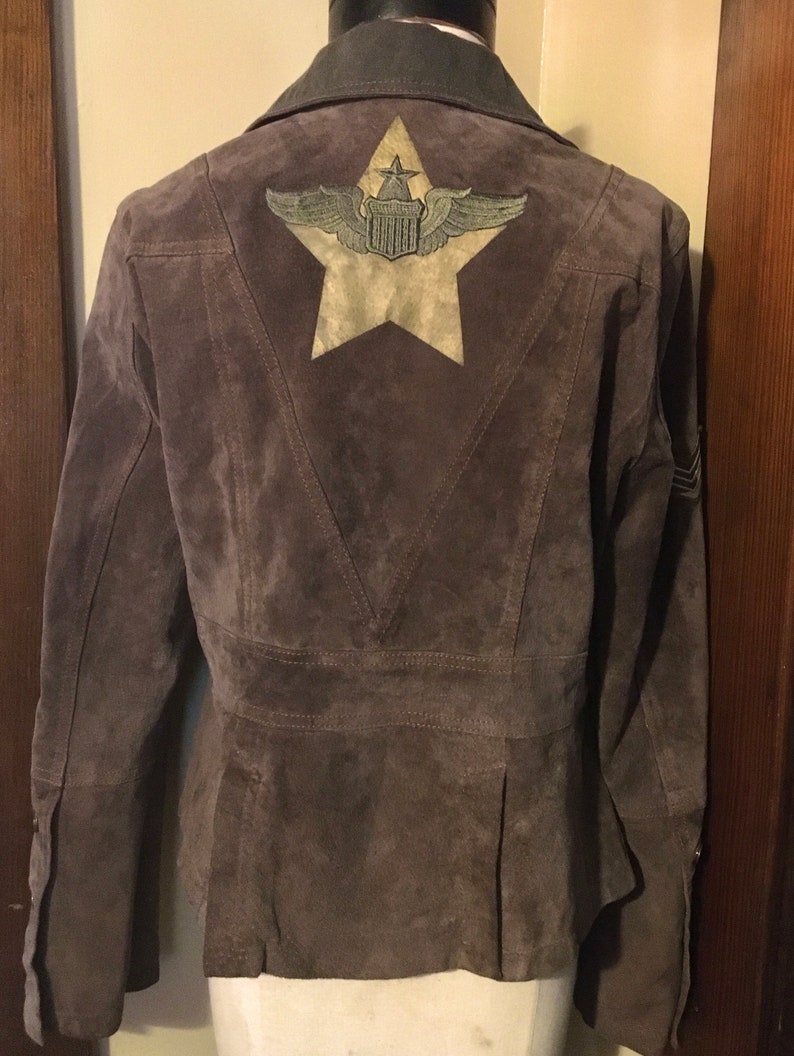 LARGE \u201cWilson\u2019s leather\u201d SUEDE green bomber jacket with patches