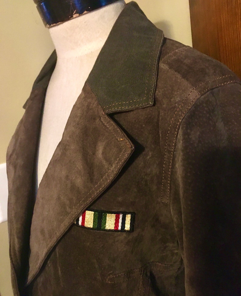 LARGE \u201cWilson\u2019s leather\u201d SUEDE green bomber jacket with patches