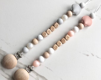 PERSONALIZED shell and mother-of-pearl pacifier clip with option of a matching silicone baby rattle