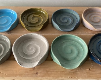 Ceramic glazed spoon rest in blue/grey/sage/white/ olive/turquoise/ purple/opal stoneware trinket or soap dish handmade pottery