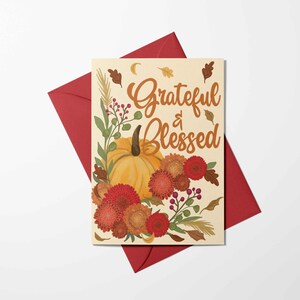 Afdrukbare geïllustreerde pompoenen en herfstbloemen Thanksgiving-kaart | Dankbaar en gezegend instant download seizoenswenskaart | DIY-kaart