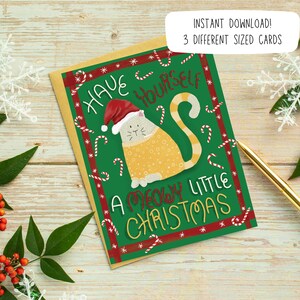 Carte de Noël imprimable illustrée de chat de Noël miaou | Téléchargement instantané de chat de Noël | Carte de vœux illustrée d'un chat dans un chapeau