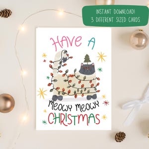 Carte de vœux à imprimer pour les amoureux des chats Meowy Xmas | Carte de Noël chat à téléchargement immédiat | Carte de vœux illustrée de chat | Chat et lumières de Noël