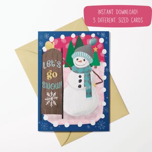 Afdrukbare geïllustreerde sneeuwpop kerstkaart voor kinderen | Digitale download slee en sneeuwpop | leuke sneeuwpopkerstkaart voor kinderen | Schattige sneeuwpop