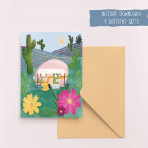 Carte de voeux imprimable illustrée de campeur heureux | Carte pour correspondance DIY camping dans le désert | Carte à téléchargement immédiat de roses colorées du désert | carte de correspondance vierge