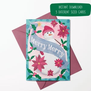 Ausdruckbare glückliche Schneemann Weihnachtskarte für Kinder | Illustrierte Weihnachtskarte | Weihnachtsstern winterliche Grußkarte | Frohe fröhliche Karte