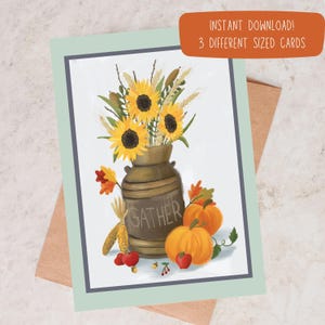 Carte à imprimer bouquet d'automne avec des tournesols dans un bidon de lait | Carte à téléchargement immédiat pour Thanksgiving | carte de voeux d'automne | Carte de correspondance DIY