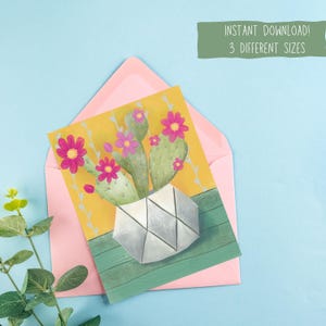 de voeux imprimable illustration de cactus en fleurs en pot | Carte de correspondance lumineuse art cactus à téléchargement immédiat | Carte de voeux DIY colorée |