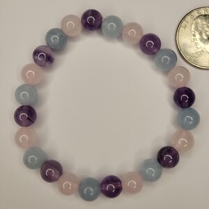 Handmade 8mm Amethyst Rose Quartz Aquamarine Crystal Gemstone Bracelet 7.5&quot;