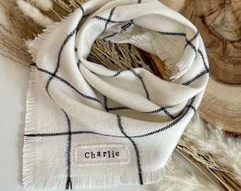 Personalized Winter White and Black Plaid, Frayed, Flannel, Dog Bandana, Pet Bandana, Tie On, Dog, Puppy, Kitten, Cat Bandana, Boho, Dog Mom