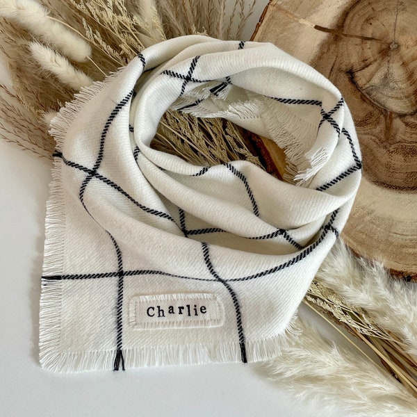 Personalized Winter White and Black Plaid, Frayed, Flannel, Dog Bandana, Pet Bandana, Tie On, Dog, Puppy, Kitten, Cat Bandana, Boho, Dog Mom