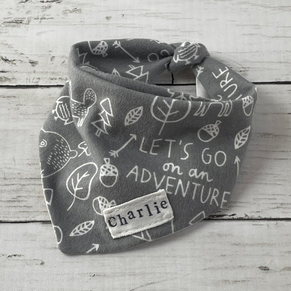 Let's Go Adventure Dog Bandana, Camping, Tie On Bandana, Personalized, Pet Wear, Cat Bandana, Gray Dog Bandana, Flannel, Summer Dog Bandana