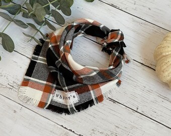 Orange and Black Plaid, Fall Flannel Dog Bandana, Personalized Frayed Pet Bandana, Cat Bandana, Dog Gift, Halloween Bandana, Winter, Autumn