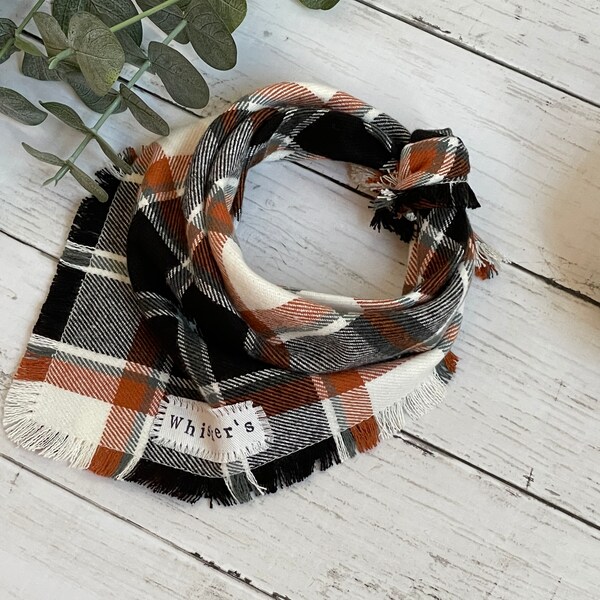 Orange and Black Plaid, Fall Flannel Dog Bandana, Personalized Frayed Pet Bandana, Cat Bandana, Dog Gift, Halloween Bandana, Winter, Autumn