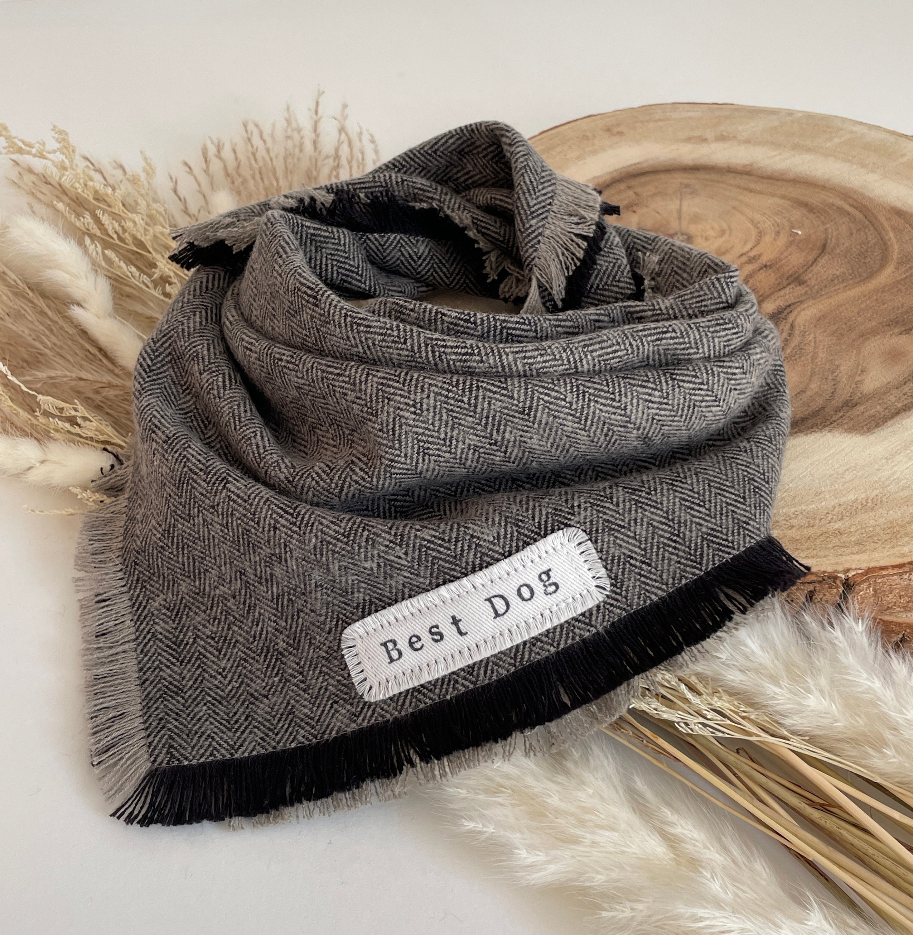 Black and Gray Herringbone, Custom Personalized Wedding Dog Bandana, Cat Bandana, Frayed Flannel, Best Dog Bandana, Boho, Winter