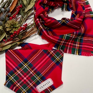 Christmas Red Tartan, Plaid Dog Bandana, Personalized, Frayed Flannel, Fringed, Puppy, Scarf, Christmas Dog Bandana, Cat, Kitten, Dog Gift