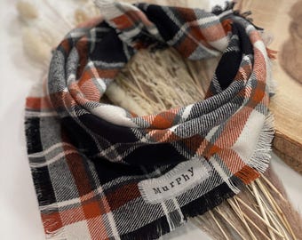 Orange and Black Plaid, Fall Flannel Dog Bandana, Personalized Frayed Pet Bandana, Cat Bandana, Dog Gift, Halloween Bandana, Winter, Autumn