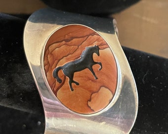 Vintage Sterling Jasper Cuff With Horse Inlay