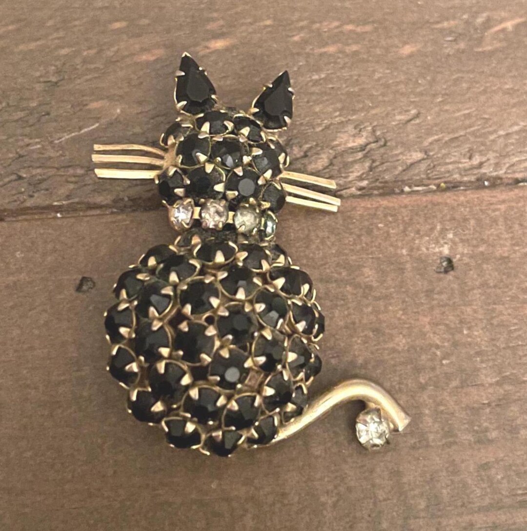 Vintage Warner Black Rhinestone Cat Brooch - Etsy