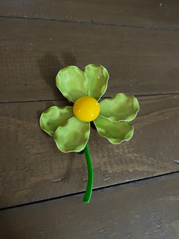 Vintage Green and Yellow Large Enamel Flower Broo… - image 3
