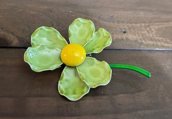 Vintage Green and Yellow Large Enamel Flower Broo… - image 1