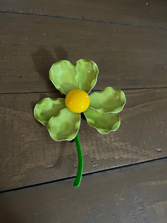 Vintage Green and Yellow Large Enamel Flower Broo… - image 4