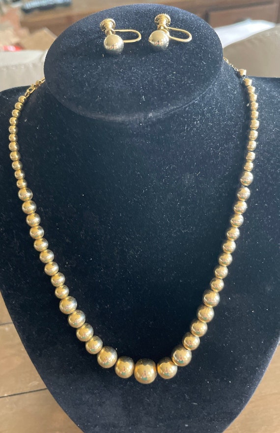 Vintage Graduated Gold Tone Beaded Necklace & Earr