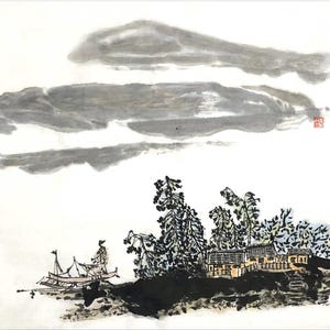 Lakeside Homes. Original Chinese ink wash landscape painting miniature. Hand-painted wall decor for homes, customizabl (Unframed)