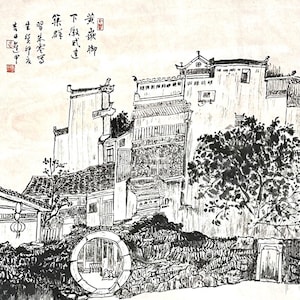 Anhui Style Buildings At The Foot Of Huangshan Mountain, Original Chinese Ink and Wash Painting, Hand Painting, Chinese Landscape (Unframed)