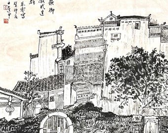 Edifici in stile Anhui ai piedi del monte Huangshan, dipinto originale cinese a inchiostro e acquerello, dipinto a mano, paesaggio cinese (senza cornice)