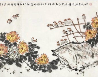 Bird and Chrysanthemums.Original Chinese painting of flowers and birds, a unique gift for home decor. Customization available (Unframed)