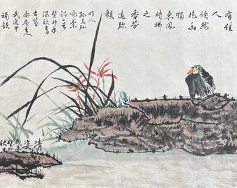 Orchid and Bird.Original Chinese painting of flowers and birds, a unique gift for home decor. Customization available. (Unframed)