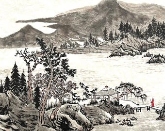 清らかで穏やかな渓流。オリジナルの中国水墨山水画、手描きの壁飾り