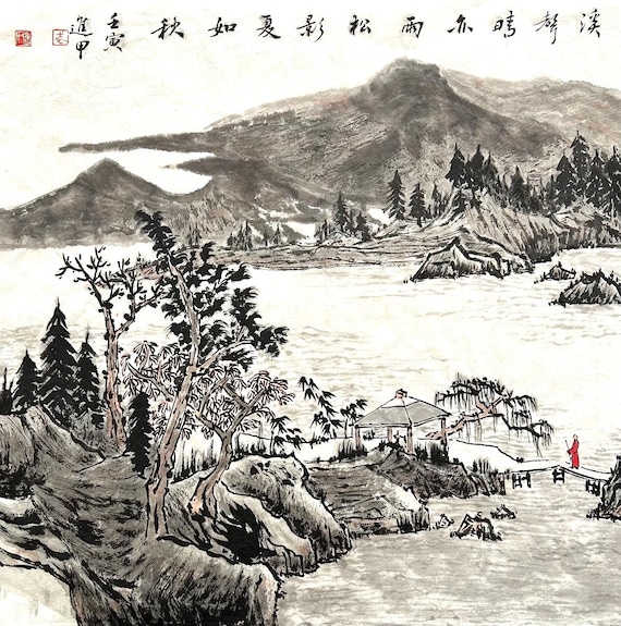 清らかで穏やかな渓流。オリジナルの中国水墨山水画、手描きの壁飾り