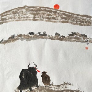 Herd of Cattle.Original Chinese ink painting of animals, a unique gift for home decor. Customization available (Unframed)