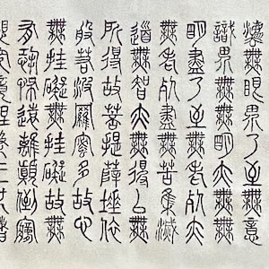 Könnte beinhalten: Eine lange, rechteckige Schriftrolle mit schwarzer chinesischer Kalligraphie. Der Text ist dicht gepackt, mit vertikalen Zeichenspalten. Ein rotes Siegel ist oben rechts und ein weiteres links zu sehen.