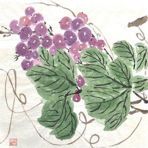 Weintrauben. Original chinesische Blumen und Vogelmalerei Miniatur. Handgemalte Wanddekoration, personalisierbar (Ungerahmt)