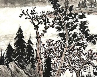 清らかで穏やかな渓流。オリジナルの中国水墨山水画、手描きの壁飾り