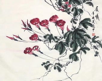 Morning Glory. Original Chinese flower and bird painting miniature. Hand-painted wall decor for homes, customizable (Unframed)