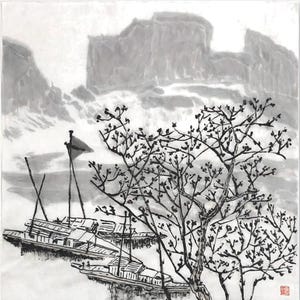 Docked Boat. Original Chinese ink wash landscape painting miniature. Hand-painted wall decor for homes, customizable (Unframed)